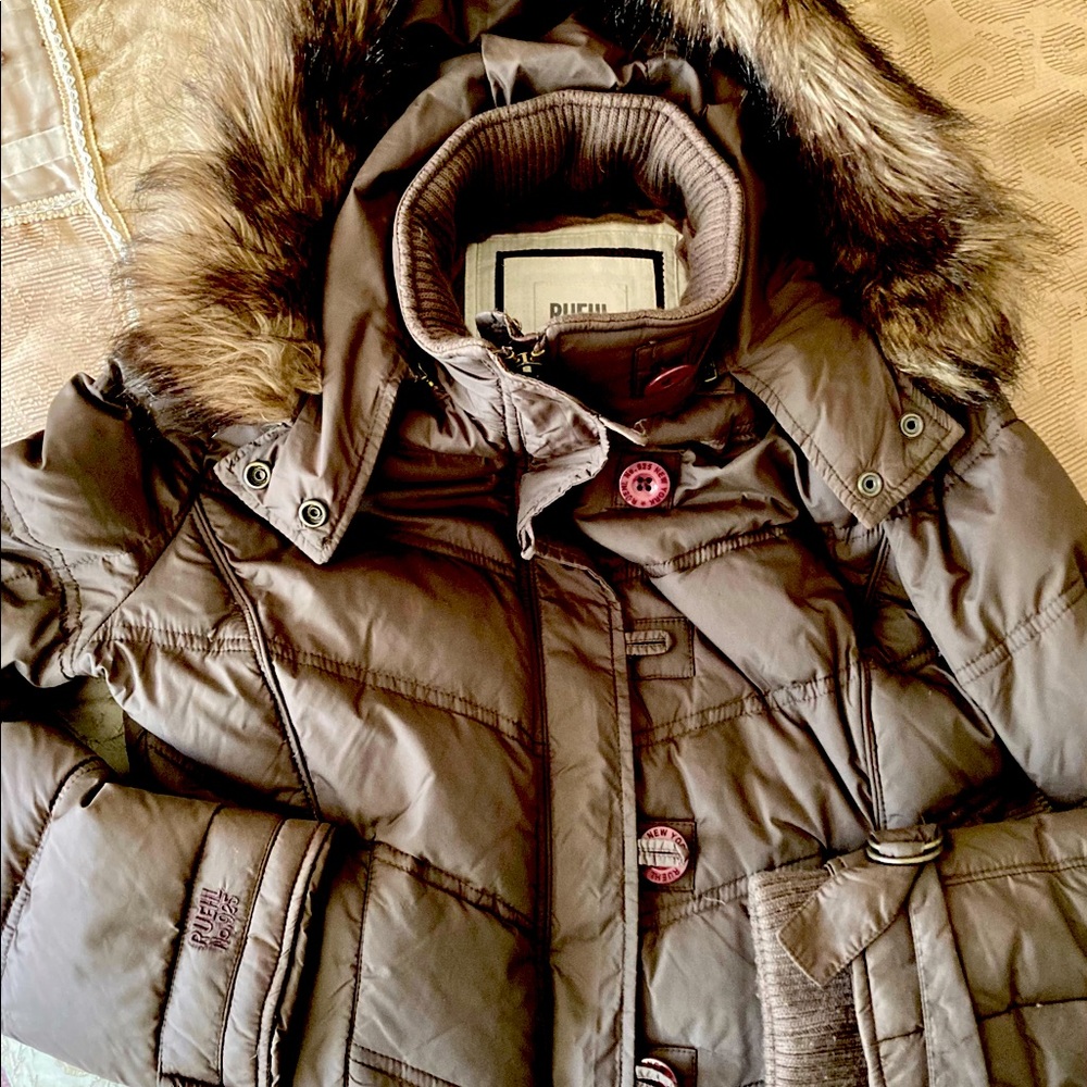 Ruehl Brown Hooded crop jacket button/zip closure